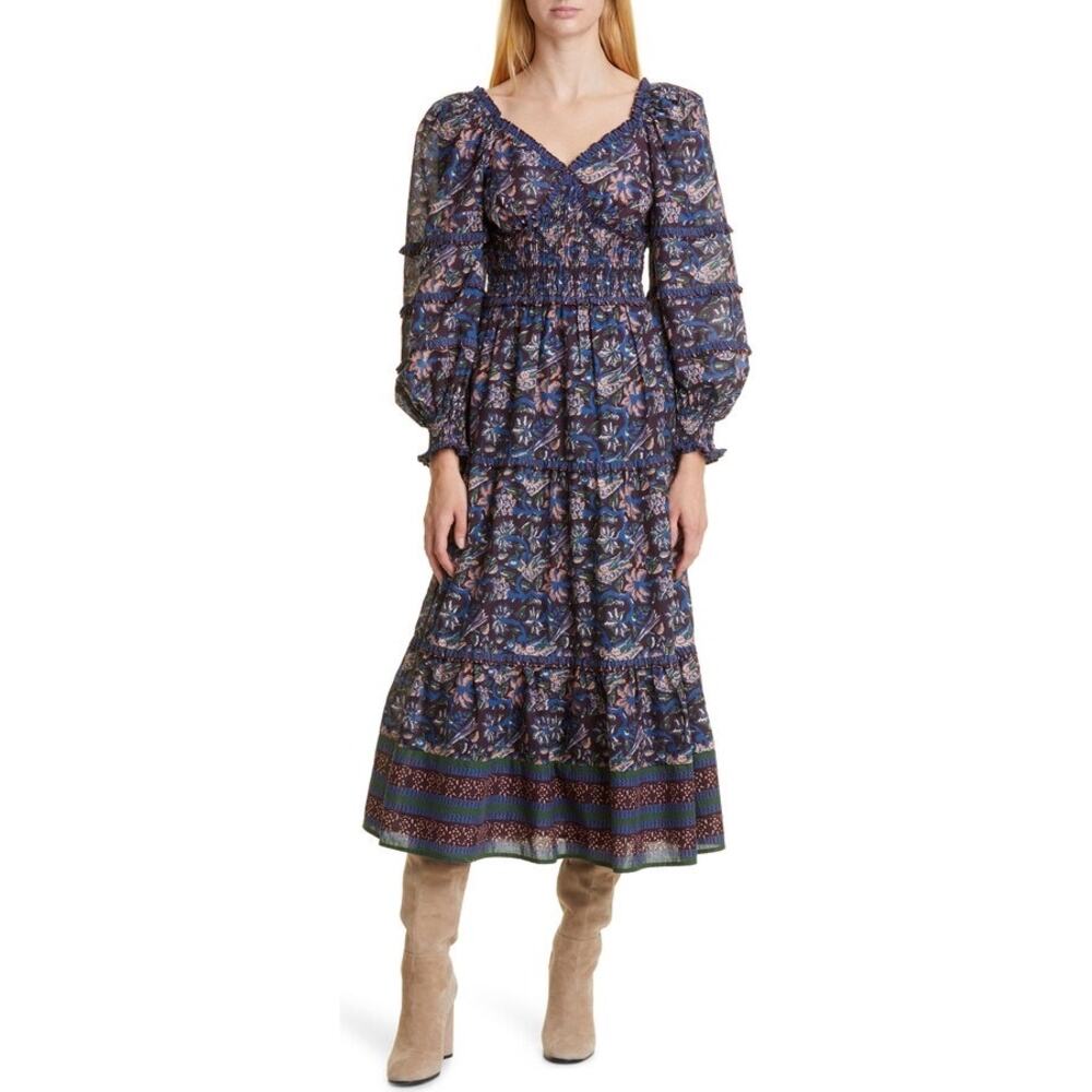 SEA NEW YORK Navy Pink Noah Smocked Long Sleeve Midi Dress Size 2